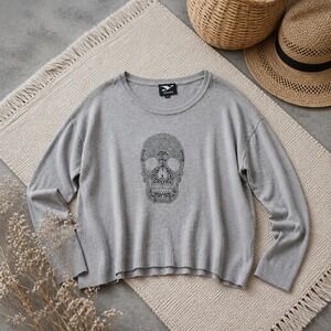 Y London L Gray Rhinestone Skull Long Sleeve Knit Sweater Y446 Womens